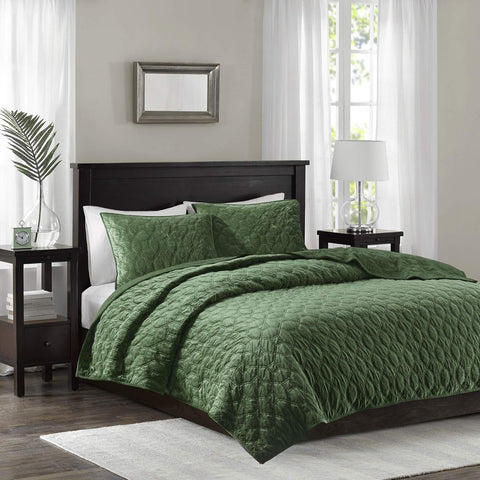 Madison Park Full/ Queen Dark Green Harper Quilt Set Velvet Geometric Design Lightweight Coverlet | Madison Park In Lebanon
