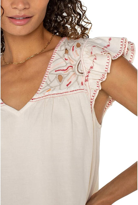 Liverpool Women's White Flutter Sleeve V-Neck Woven Blouse | Liverpool In Lebanon