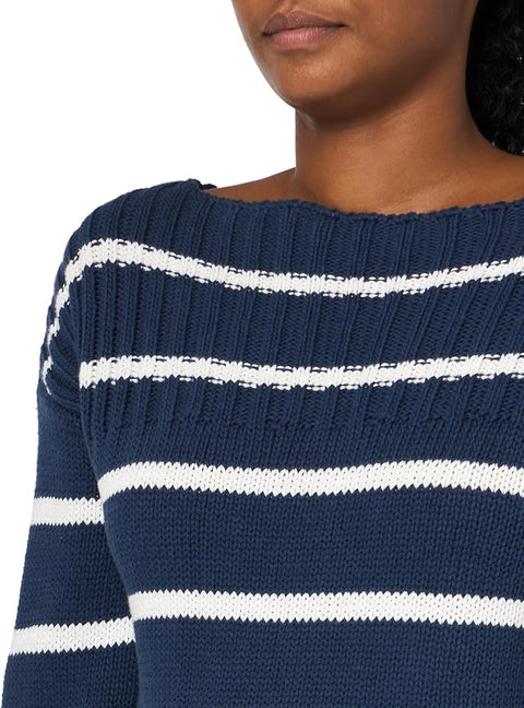 Lucky Brand Women's Navy & White Cotton Striped Boat-Neck Sweater | Lucky Brand In Lebanon