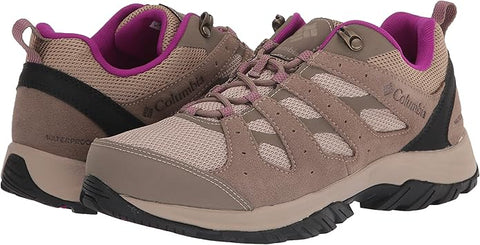 Pair of Columbia hiking shoes with brown and purple color scheme on a white background