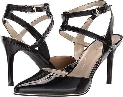 Black high-heeled shoes with strappy design on a white background