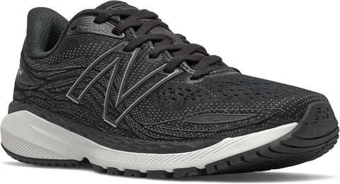 Black running shoe with white sole on a white background