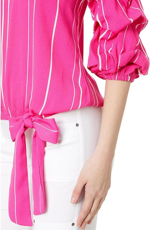 Vince Camuto Women's Fuchsia Bubble Sleeve Off Shoulder Crepe Stripe Blouse|Vince Camuto In Lebanon