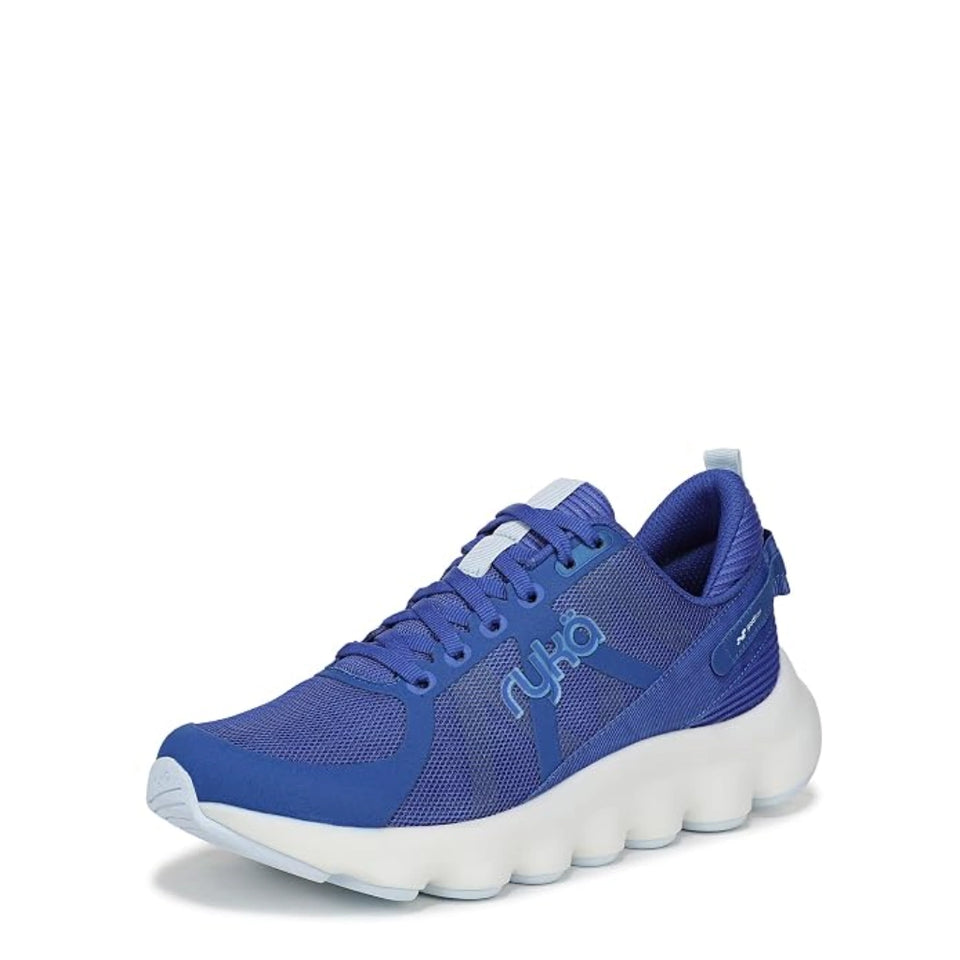 A blue and white athletic sneaker with a chunky white sole, featuring the 'ruha' brand logo on the side, set against a plain white background.