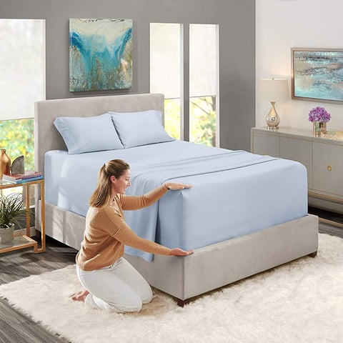 Tranquil Home California King Ice Blue Smooth Comfort 100% Cotton 4-pcs Bed Sheet Set | Tranquil Home In Lebanon
