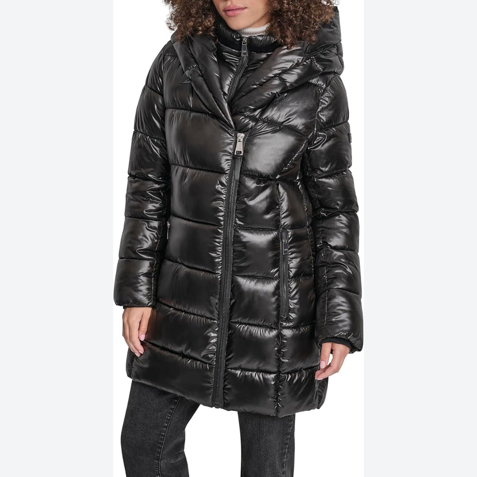 DKNYWomen's Black With Bib and Asymmetrical Zipper Shine Buffer Jacket