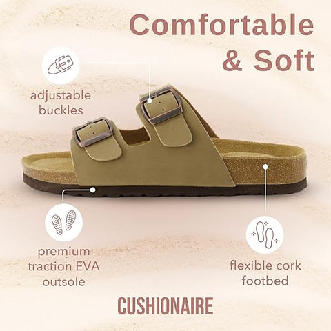 Khaki sandal with features highlighted on a beige background, featuring the brand 'Cushionaire'.