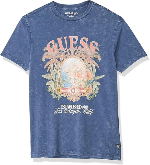 Guess Men's Dark Blue Resort Organic Cotton Pennant Graphic T-Shirt |Guess In Lebanon