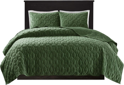 Madison Park Full/ Queen Dark Green Harper Quilt Set Velvet Geometric Design Lightweight Coverlet | Madison Park In Lebanon