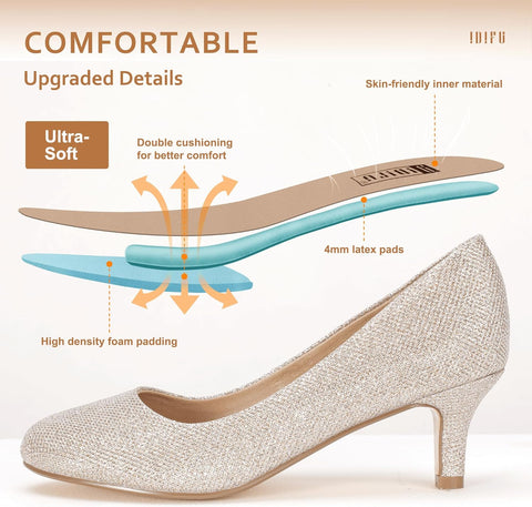 Idifu Woemn's Gold Glitter Classic Low Heels Dress Pumps 2 Inch Kitten Heel | Idifu In Lebanon