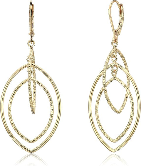 Gold earrings with a teardrop design on a white background