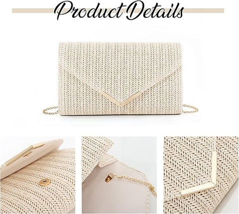 Beige woven handbag with close-up details on a white background