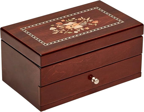 Wooden jewelry box with floral inlay on a white background