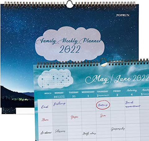 EU POPRUN 2022 Weekly Wall Calendar 38 cm x 31 cm - Family Planner January 2022 to December 2022 with 5 Row Layout, To do list & Notes, Pocket & Pencil - Starry sky AM101