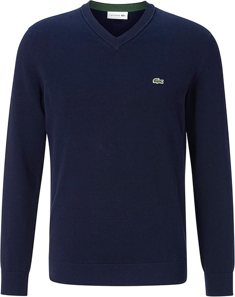 Navy blue sweater with a brand logo on a white background