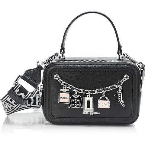 Karl Lagerfeld Paris Women's Black Leather Simone Studded Camera Crossbody |Karl Lagerfeld Paris In Lebanon