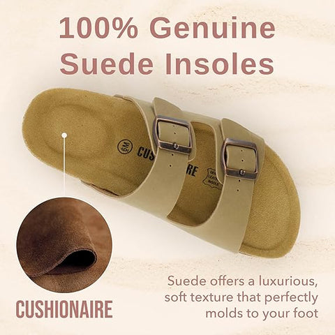 Tan sandal with suede insole on a beige background, featuring Cushionaire branding.