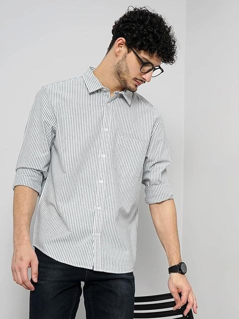 Celio Men's  Gray Striped  Regular Fit Stripes Casual Shirt | Celio in Lebanon