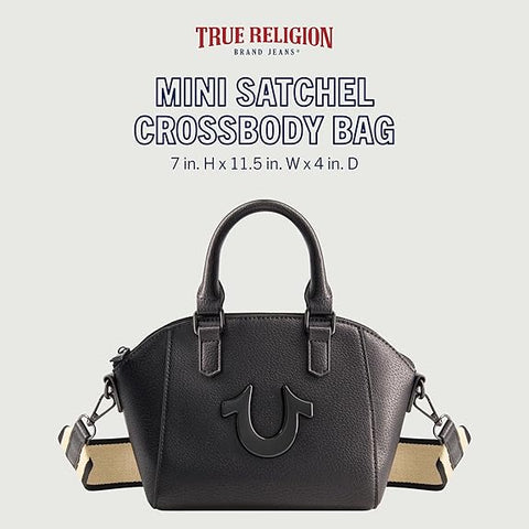 Black mini satchel crossbody bag with True Religion branding on a light gray background