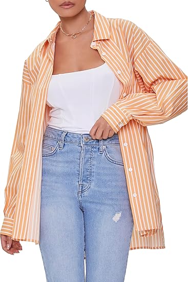 Forever 21 Women's Orange Striped Long Sleeve One Pocket Shirt  |Forever 21 In Lebanon9