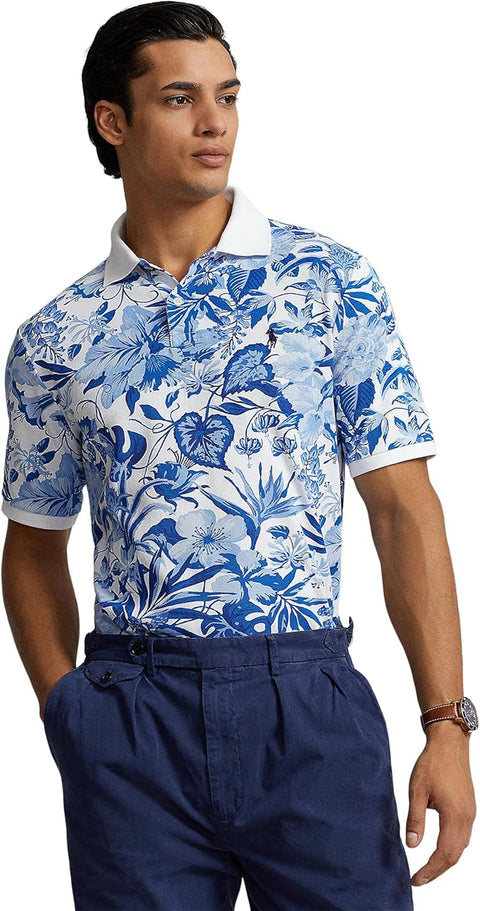 Polo Ralph Lauren Men's Blue & White Floral Print Mesh Polo Neck T-Shirt | Polo Ralph Lauren In Lebanon