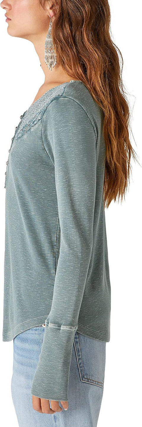 Lucky Brand Women's Green Trim Mix Henley Long Sleeve Blouse |Lucky Brand In Lebanon