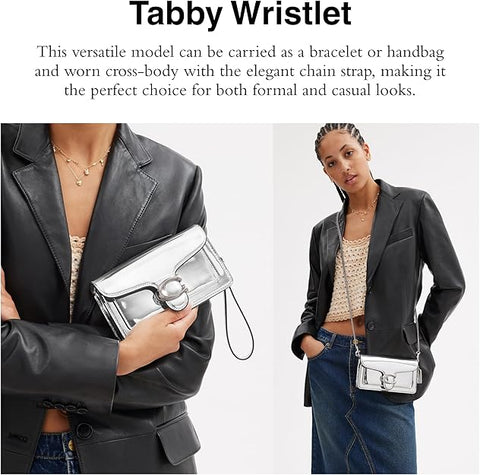 Woman holding a silver clutch with text describing its versatility.