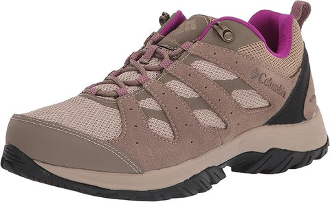 Columbia hiking shoe with brown, purple, and black design on a white background