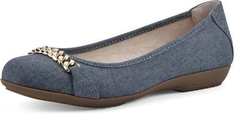 Blue denim flat shoe with gold chain detail on a white background