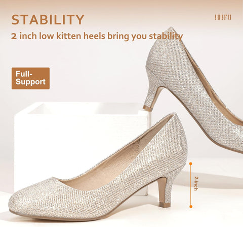 Idifu Woemn's Gold Glitter Classic Low Heels Dress Pumps 2 Inch Kitten Heel | Idifu In Lebanon