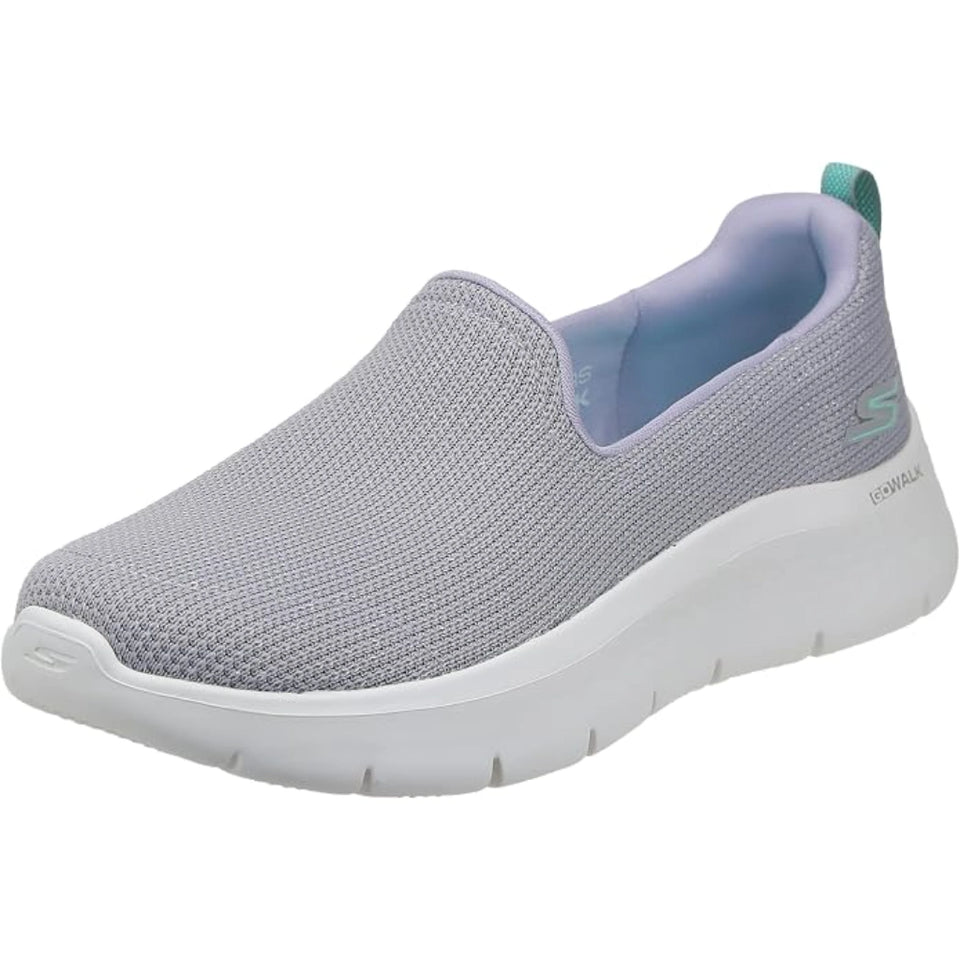 A light gray knit slip-on sneaker with a white sole and a small teal accent on the heel pull tab, shown against a plain white background.