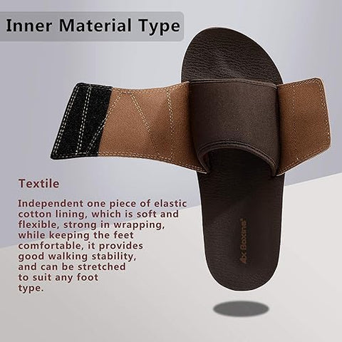 Brown slide sandal with elastic band on a gray background