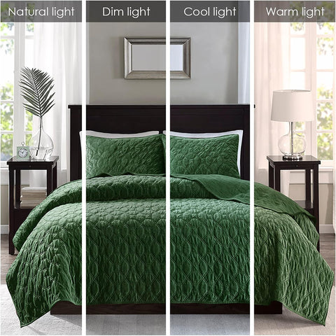 Madison Park Full/ Queen Dark Green Harper Quilt Set Velvet Geometric Design Lightweight Coverlet | Madison Park In Lebanon