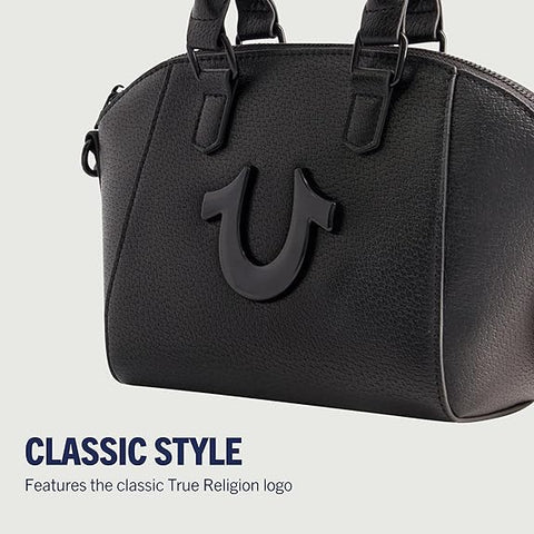 Black handbag with True Religion logo on a light gray background