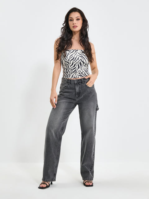 Sinsay Women's Washed Black Wide Leg Carpenter Jeans|Sinsay In Lebanon