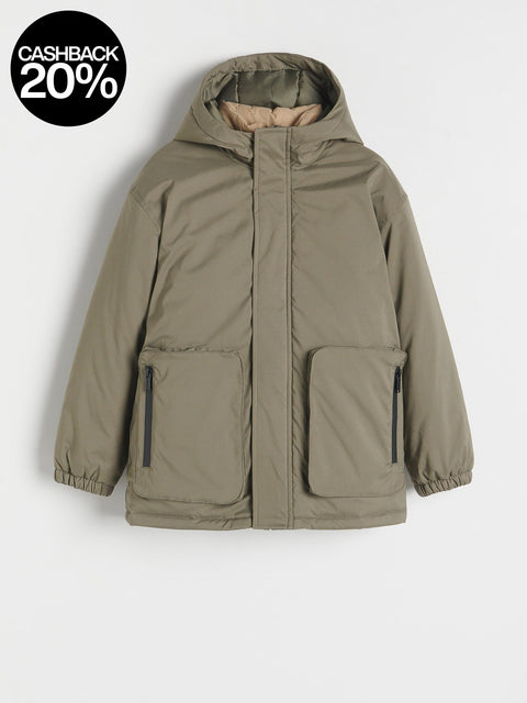 Green jacket with a hood on a light gray background