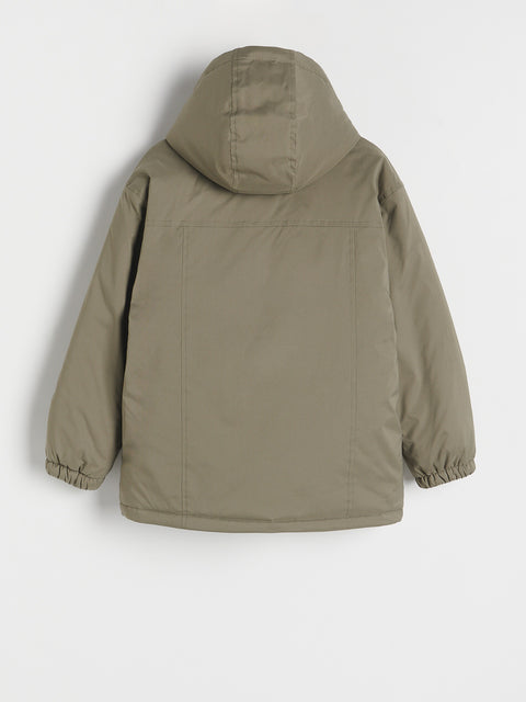 Khaki jacket with a hood on a white background