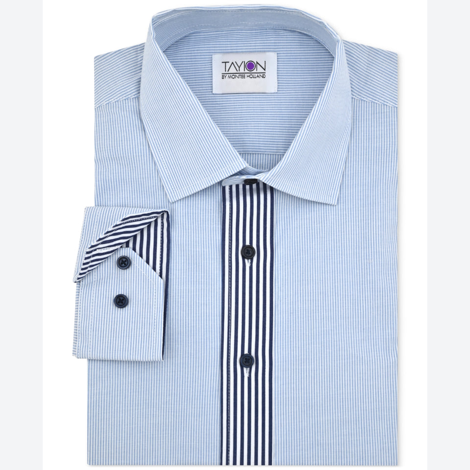 Tayion Collection Men's Blue Slim-Fit Stripe-Placket Dress Shirt