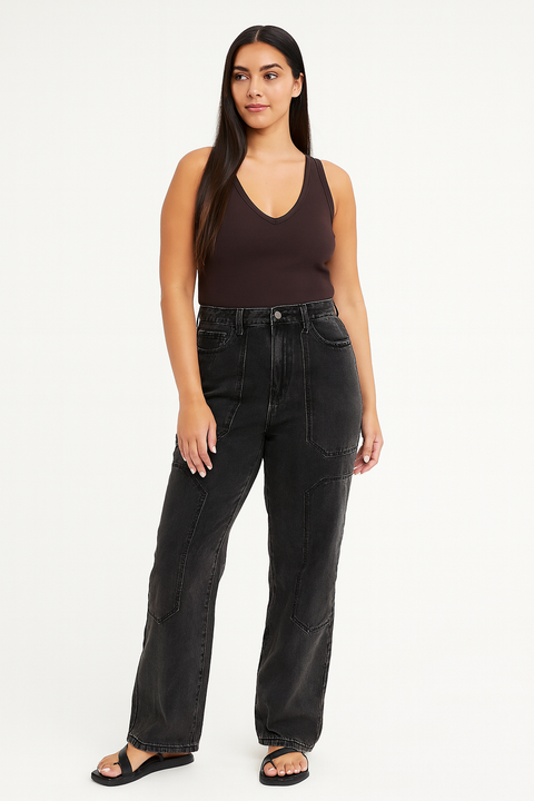 Forever 21 Women's Black Cargo Relaxed Fit Straight Leg Jeans | Forever 21 In Lebanon