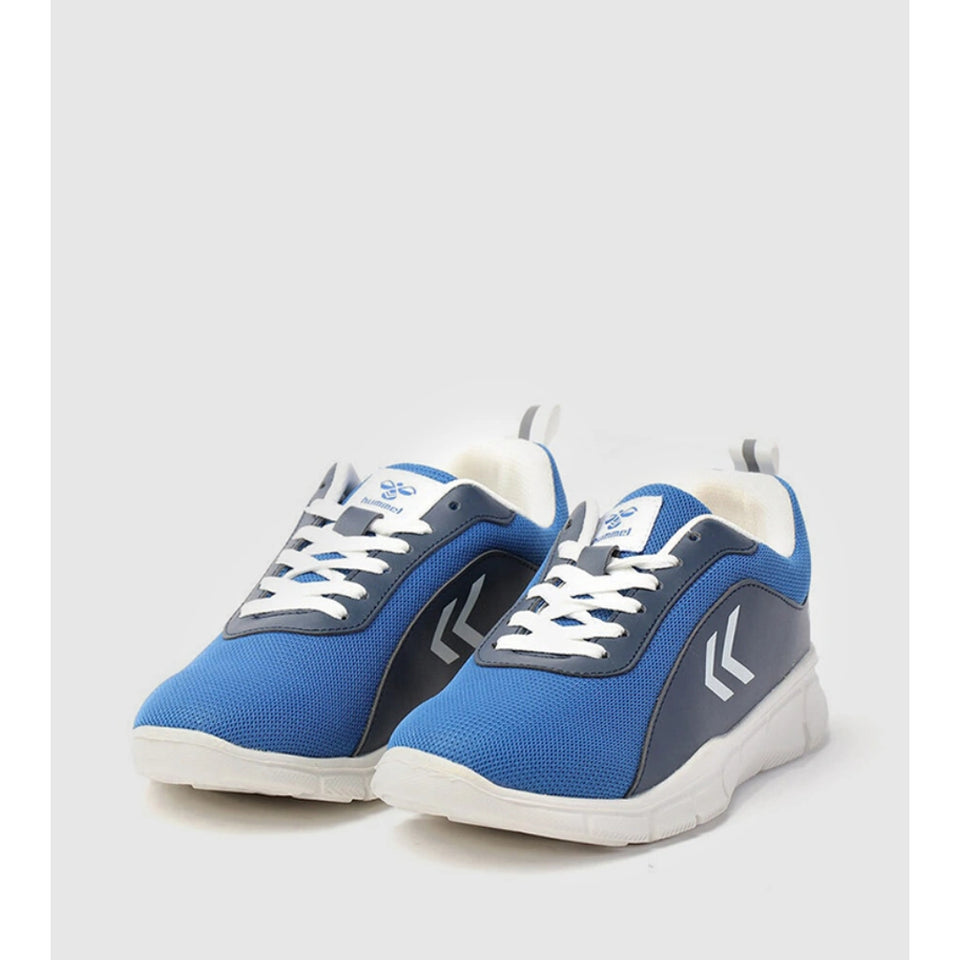 A pair of blue and gray athletic sneakers with white laces and white soles, displayed on a light gray background.