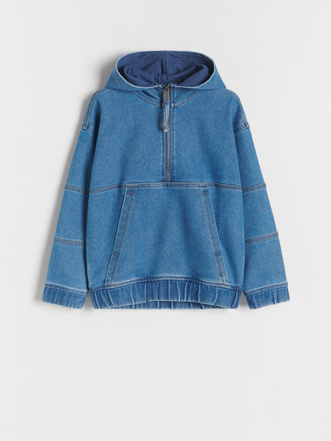 Blue denim hoodie on a light gray background