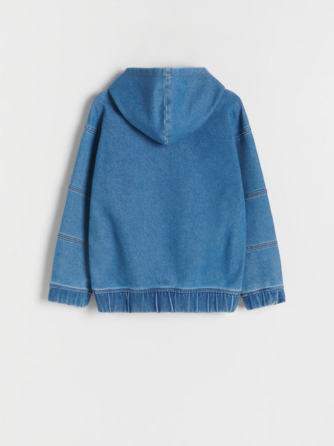 Blue denim hoodie on a light gray background