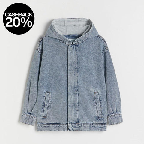 Light blue denim jacket with a hood on a white background