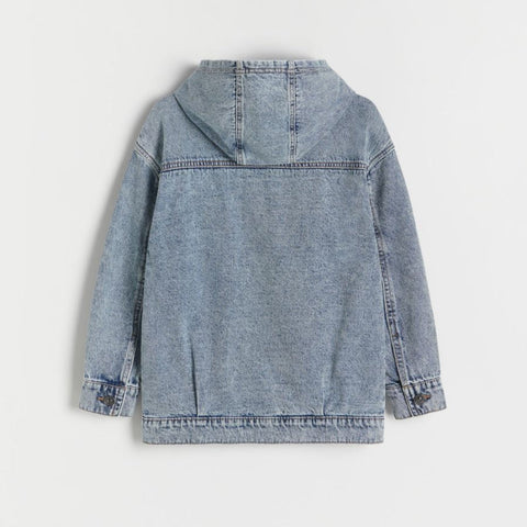Blue denim jacket with a hood on a light gray background