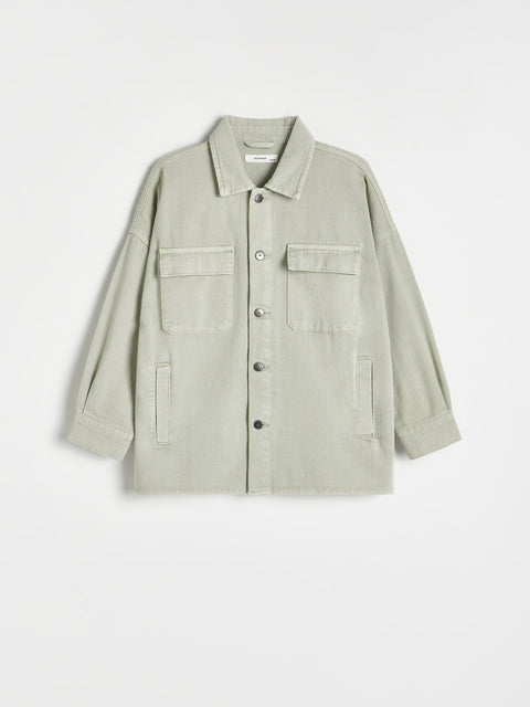 Light green jacket with button details on a white background
