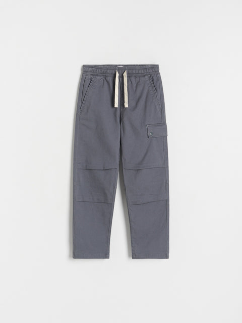 Gray cargo pants with drawstring on a white background