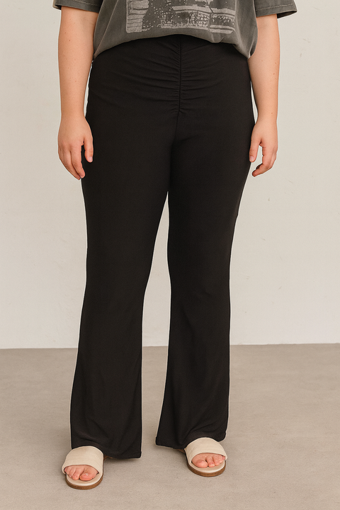 Forever 21 Women's Black Ruched High Rise Flare Cut Pant | Forever 21 In Lebanon