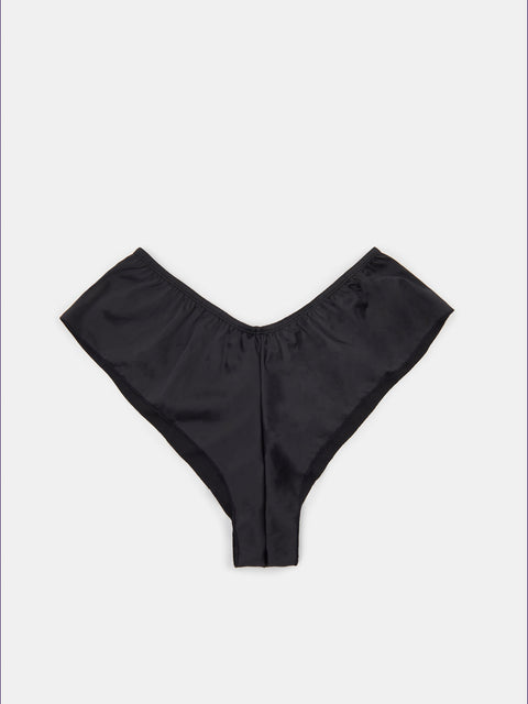 Black high-waisted bikini bottom on a white background
