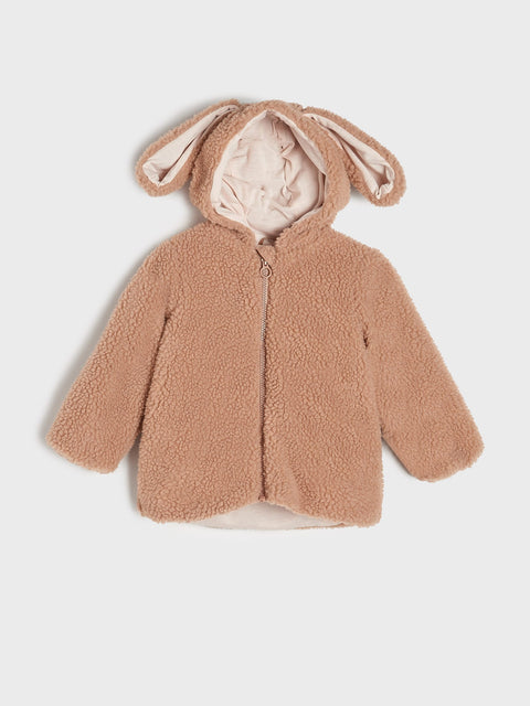Children's teddy bear-themed jacket with bunny ears on a white background