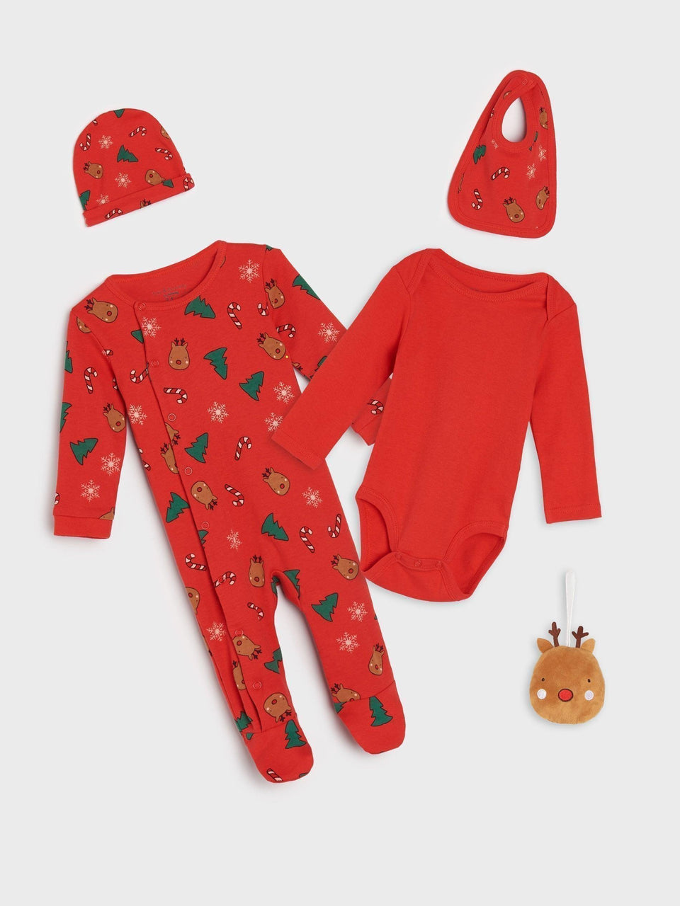Red baby outfit set with Christmas-themed design on a white background